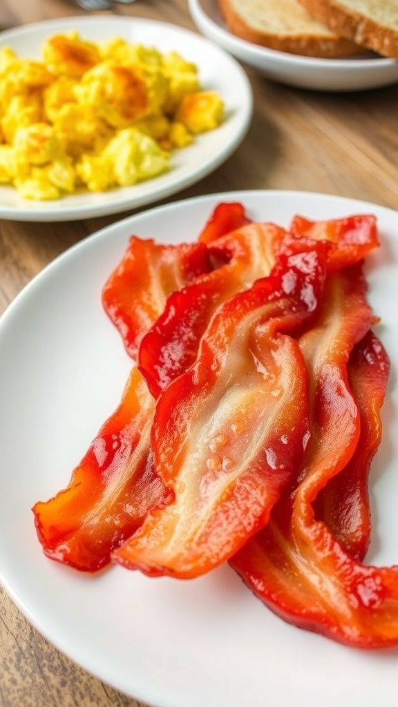 Crispy air fryer bacon strips on a white plate, with scrambled eggs and toast in the background.